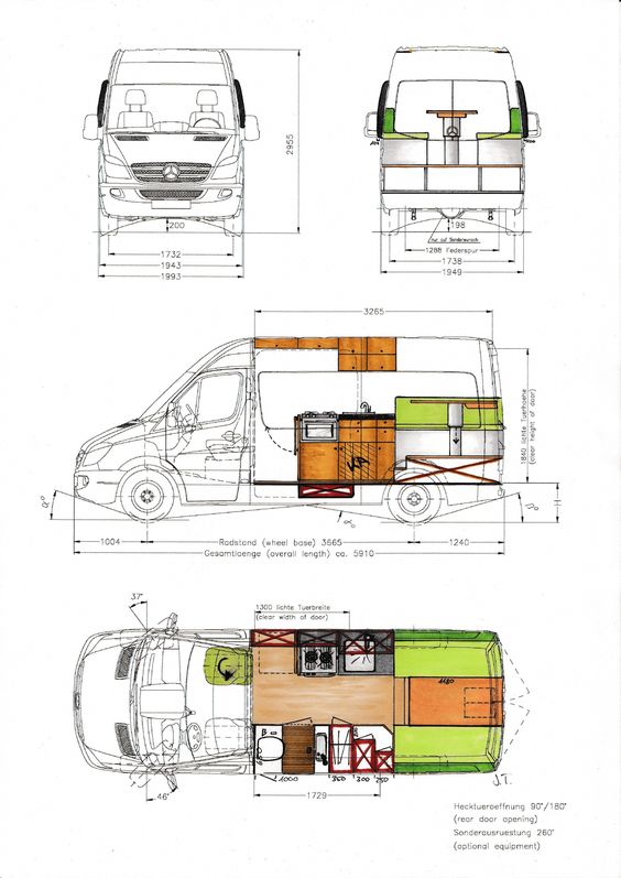 plan et découpe d'un van sprinter qui montre l'aménagement d'un van aménagé